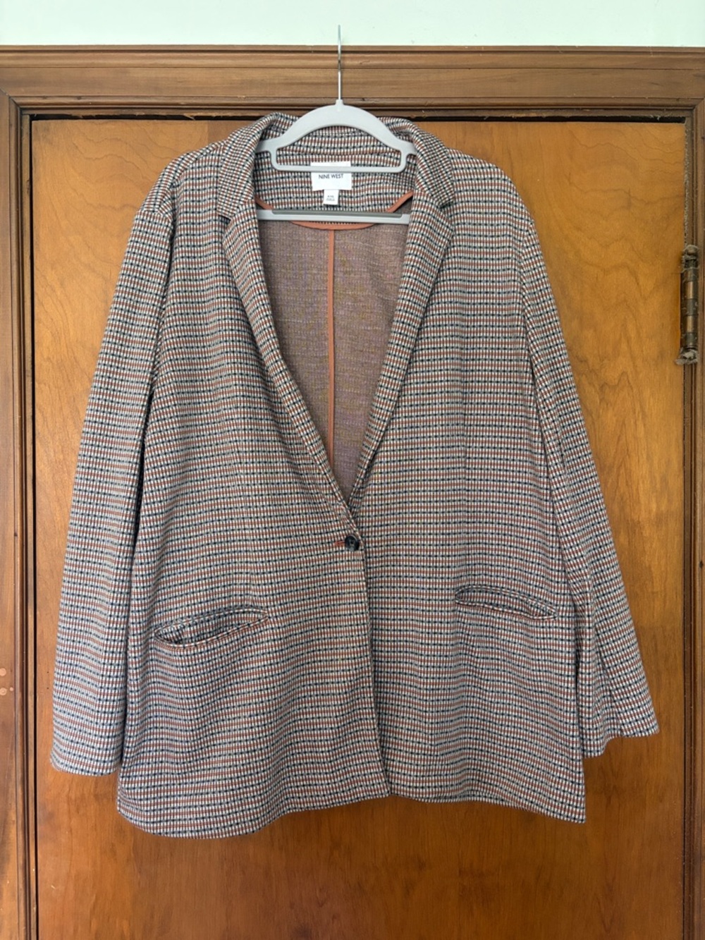 Nine West Tan and Brown Plaid Single-Button Blazer